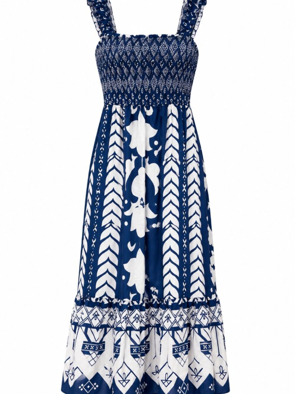 Blue & White Patterned Smocked Maxi Dress
